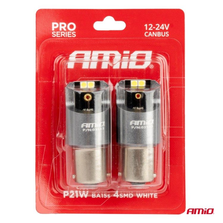 Amio - ΛΑΜΠΕΣ LED CAN-BUS P21W BA15S 12/24V 6.000K 4xSMD ΛΕΥΚΟ PRO SERIES - 2 ΤΕΜ. (03583/AM) Amio - ΛΑΜΠΕΣ LED CAN-BUS P21W BA15S 12/24V 6.000K 4xSMD ΛΕΥΚΟ PRO SERIES - 2 ΤΕΜ. (03583/AM)