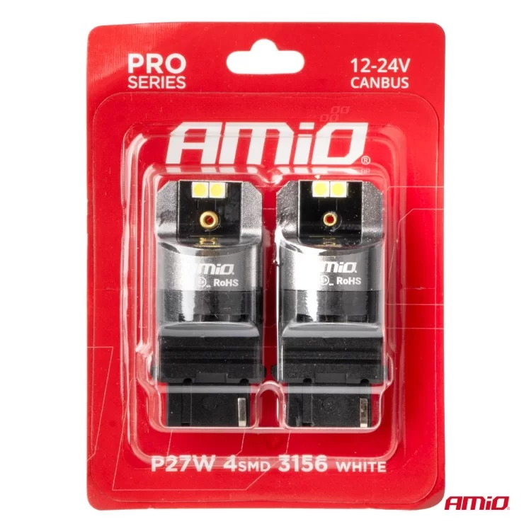 ΛΑΜΠΕΣ P27W 12/24V 6.000K 4SMD LED CAN-BUS ΛΕΥΚΑ PRO SERIES AMIO - 2 ΤΕΜ. ΛΑΜΠΕΣ P27W 12/24V 6.000K 4SMD LED CAN-BUS ΛΕΥΚΑ PRO SERIES AMIO - 2 ΤΕΜ.