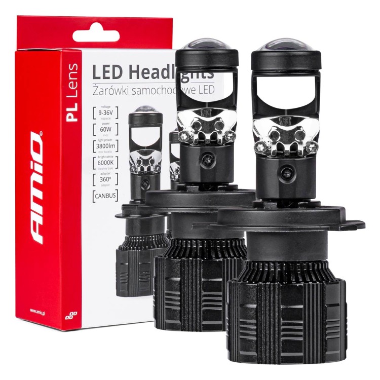 ΛΑΜΠΕΣ H4 PL-LENS SERIES 9>36V 60W 5.000K 3.800lm LED 2x4575 SMD CAN-BUS ΜΕ ΠΡΟΤΖΕΚΤΟΡΑ AMIO - 2 Τεμ.