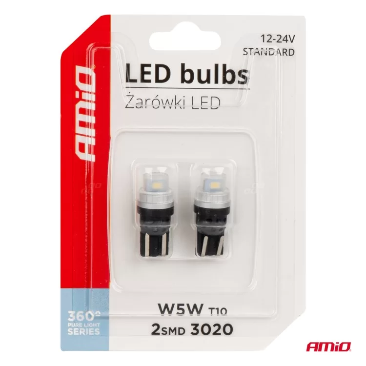ΛΑΜΠΑΚΙΑ T10 W5W 12/24V 2x3020 SMD LED ΛΕΥΚΟ PURE LIGHT SERIES AMIO - 2 Τεμ. ΛΑΜΠΑΚΙΑ T10 W5W 12/24V 2x3020 SMD LED ΛΕΥΚΟ PURE LIGHT SERIES AMIO - 2 Τεμ.