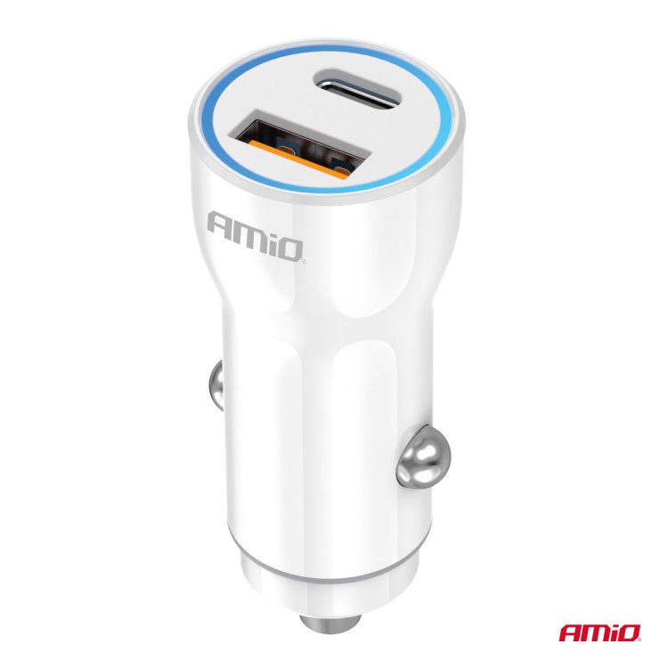 Amio - ΦΟΡΤΙΣΤΗΣ ΑΝΑΠΤΗΡΑ 12/24V ΜΕ 2 ΘΥΡΕΣ USB-C+USB 20W 5V/3AQC ΤΑΧΕΙΑΣ ΦΟΡΤΙΣΗΣ ΛΕΥΚΟ - 1 Τεμ. (03881/AM)