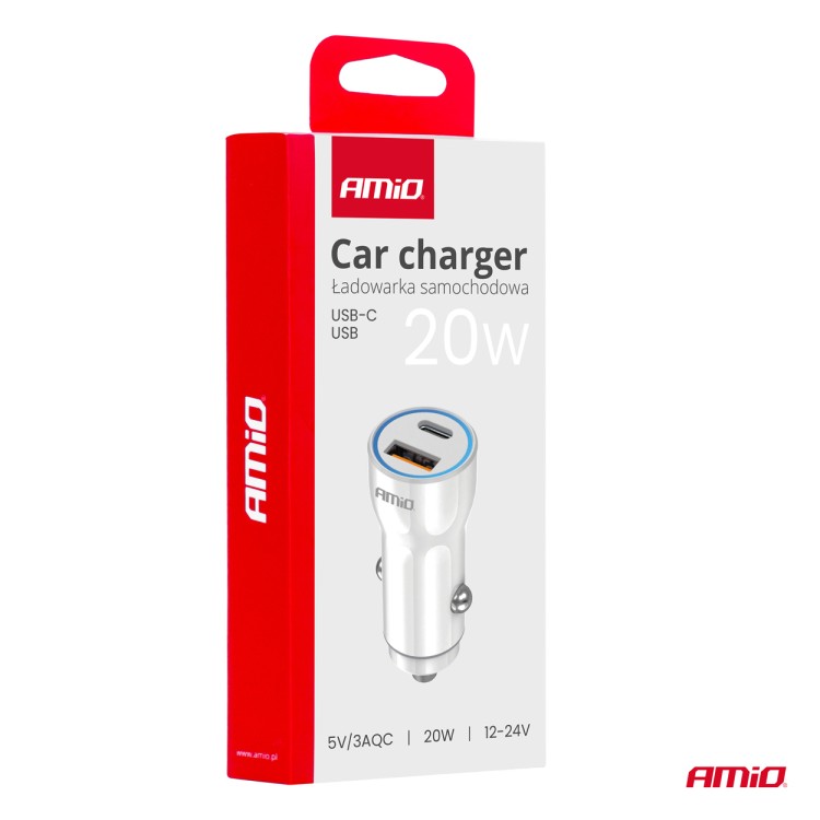 Amio - ΦΟΡΤΙΣΤΗΣ ΑΝΑΠΤΗΡΑ 12/24V ΜΕ 2 ΘΥΡΕΣ USB-C+USB 20W 5V/3AQC ΤΑΧΕΙΑΣ ΦΟΡΤΙΣΗΣ ΛΕΥΚΟ - 1 Τεμ. (03881/AM)