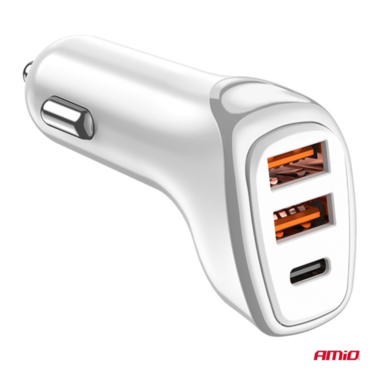 ΦΟΡΤΙΣΤΗΣ ΑΝΑΠΤΗΡΑ 12/24V ΜΕ 3 ΘΥΡΕΣ USB-C+2xUSB 38W 5V/3AQC ΤΑΧΕΙΑΣ ΦΟΡΤΙΣΗΣ ΛΕΥΚΟΣ AMIO - 1 Τεμ.