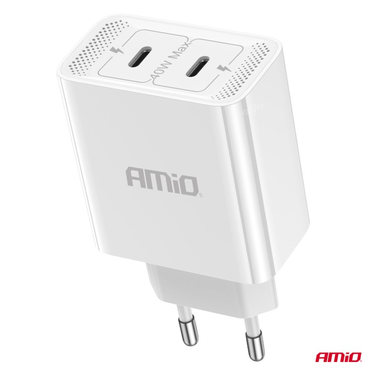 Amio - ΦΟΡΤΙΣΤΗΣ ΚΙΝΗΤΟY ΟΙΚΙΑΚΗ ΠΡΙΖΑ 2ΘΥΡΕΣ 2xUSB-C 40W 5V/3AQC ΛΕΥΚΟΣ - 1 ΤΕΜ. (03892/AM)