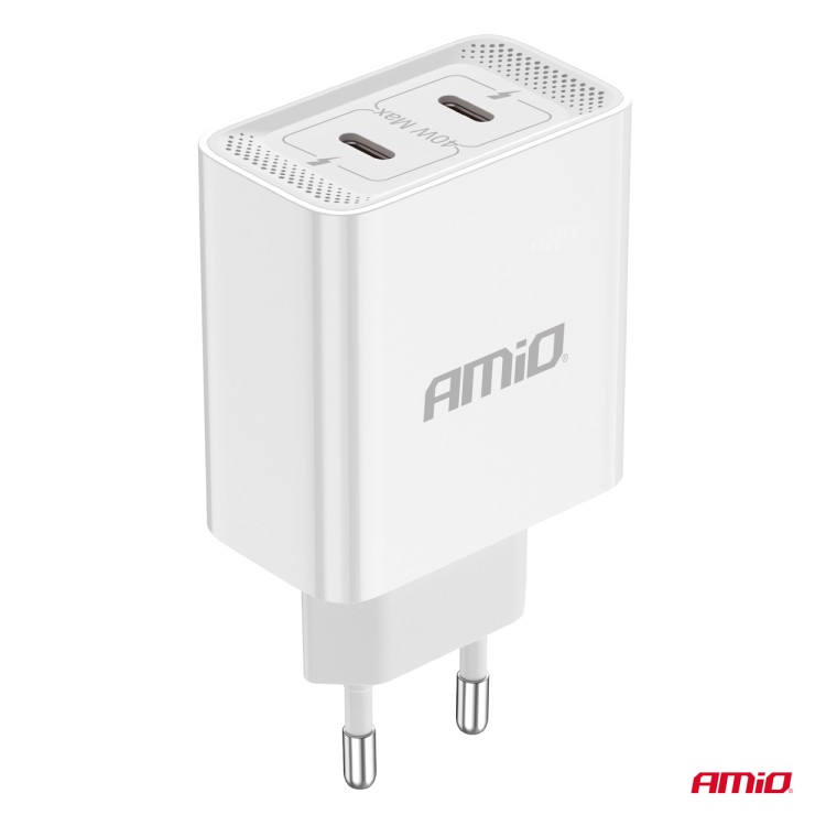 Amio - ΦΟΡΤΙΣΤΗΣ ΚΙΝΗΤΟY ΟΙΚΙΑΚΗ ΠΡΙΖΑ 2ΘΥΡΕΣ 2xUSB-C 40W 5V/3AQC ΛΕΥΚΟΣ - 1 ΤΕΜ. (03892/AM)