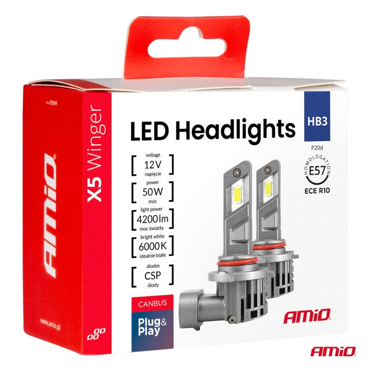 Amio - Λάμπες LED HB3 τύπου Series X5 Winger τάση λειτουργίας 12V απόδοσης 50W Can-bus για Επιβατικά Αυτοκίνητα - 2 τεμ. (03948/AM)