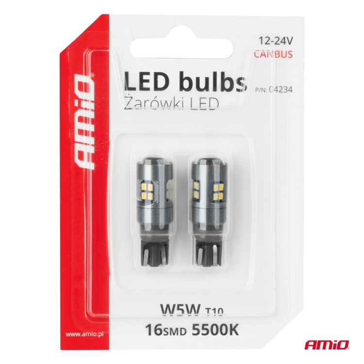 Amio - ΛΑΜΠΑΚΙΑ T10 W5W 12V/24V LED CAN-BUS 16xSMD 2016 ΛΕΥΚΟ ΦΩΣ 5.500K (ΣΕ ΧΡΩΜΑ ΧΡΩΜΙΟΥ) - 2 ΤΕΜ. (04234/AM)