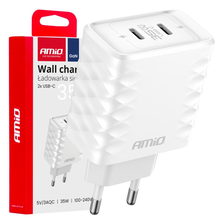 Amio - ΦΟΡΤΙΣΤΗΣ ΜΕ ΟΙΚΙΑΚΗ ΠΡΙΖΑ ΜΕ 2 ΘΥΡΕΣ 2xUSB-C 35W 100-240V ΛΕΥΚΟ - 1 Τεμ. (04288/AM)