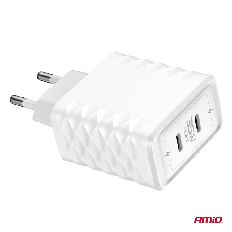 Amio - ΦΟΡΤΙΣΤΗΣ ΜΕ ΟΙΚΙΑΚΗ ΠΡΙΖΑ ΜΕ 2 ΘΥΡΕΣ 2xUSB-C 35W 100-240V ΛΕΥΚΟ - 1 Τεμ. (04288/AM)