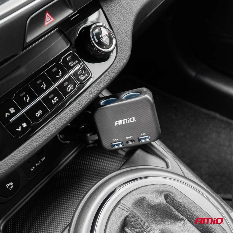 Amio - ΑΝΤΑΠΤΟΡΑΣ ΑΝΑΠΤΗΡΑ 12/24V 100W ΜΑΥΡΟΣ/2 ΘΕΣΕΙΣ/1xUSB-A+1xUSB-C/ΠΕΡΙΣΤΡΟΦΗ 180 ΜΟΙΡΩΝ - 1 ΤΕΜ. (04357/AM)