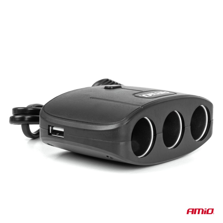 Amio - ΑΝΤΑΠΤΟΡΑΣ ΑΝΑΠΤΗΡΑ 12/24V 100W ΜΑΥΡΟΣ/3 ΘΕΣΕΙΣ/2xUSB-A /ΚΟΥΜΠΙ ON-OFF/ΚΑΛΩΔΙΟ 70cm - 1 Τεμ. (04362/AM)