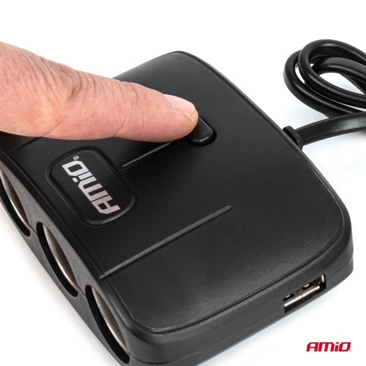 Amio - ΑΝΤΑΠΤΟΡΑΣ ΑΝΑΠΤΗΡΑ 12/24V 100W ΜΑΥΡΟΣ/3 ΘΕΣΕΙΣ/2xUSB-A /ΚΟΥΜΠΙ ON-OFF/ΚΑΛΩΔΙΟ 70cm - 1 Τεμ. (04362/AM)