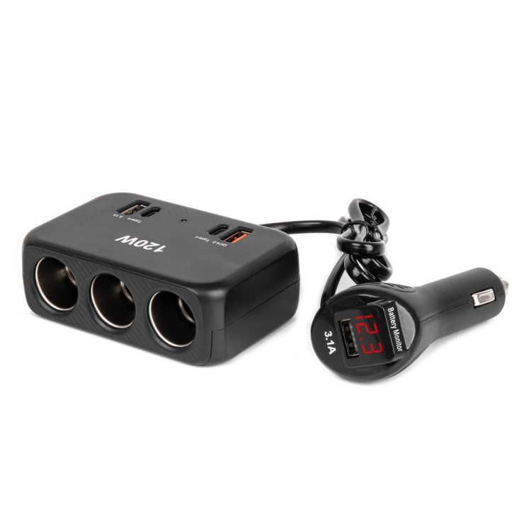 Amio - ΑΝΤΑΠΤΟΡΑΣ ΑΝΑΠΤΗΡΑ 12/24V 120W ΨΗΦΙΑΚΟΣ ΜΑΥΡΟΣ/3 ΘΕΣΕΙΣ/2xUSB-A + 1xUSB-C QC 4.0 ΜΕ ΚΑΛΩΔΙΟ 80cm - 1 Τεμ. (04366/AM)