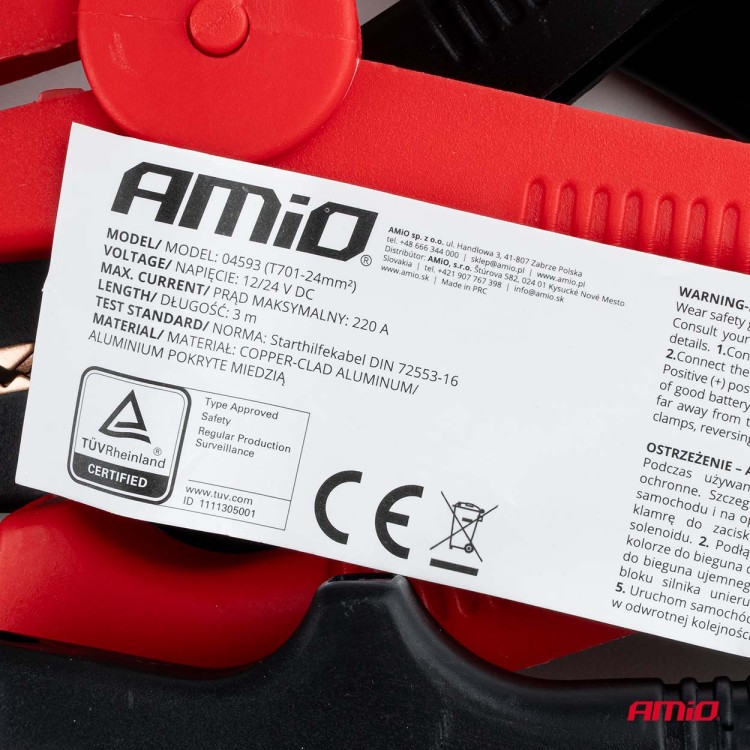 Amio - Καλώδια Φόρτισης Μπαταρίας (Ρευματοδότες) τάση λειτουργίας 12V ένταση ρεύματος 220A μήκος 3m με πιστοποίηση TUV για Επιβατικά Αυτοκίνητα - 1 σετ (04593/AM) Amio - Καλώδια Φόρτισης Μπαταρίας (Ρευματοδότες) τάση λειτουργίας 12V ένταση ρεύματος 220A μήκος 3m με πιστοποίηση TUV για Επιβατικά Αυτοκίνητα - 1 σετ (04593/AM)