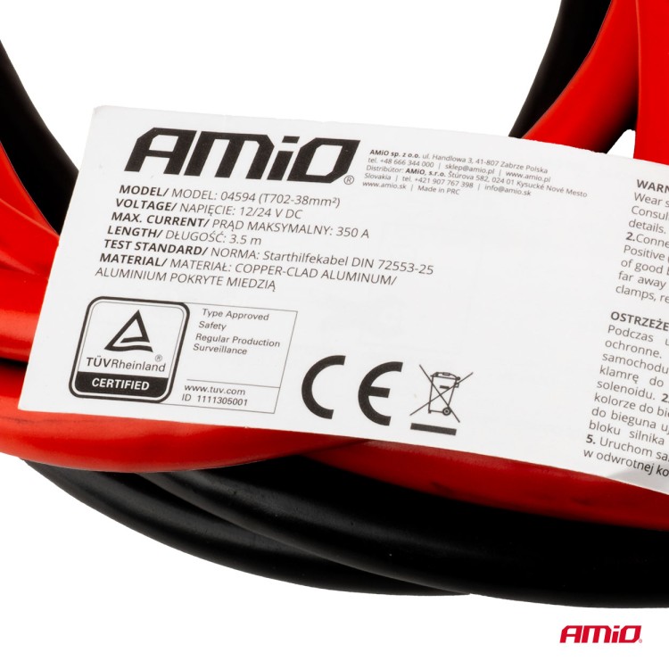 Amio - Καλώδια Φόρτισης Μπαταρίας (Ρευματοδότες) τάση λειτουργίας 12-24V ένταση ρεύματος 350A μήκος 3,5m με πιστοποίηση TUV για Επιβατικά Αυτοκίνητα και Φορτηγά - 1 σετ (04594/AM) Amio - Καλώδια Φόρτισης Μπαταρίας (Ρευματοδότες) τάση λειτουργίας 12-24V ένταση ρεύματος 350A μήκος 3,5m με πιστοποίηση TUV για Επιβατικά Αυτοκίνητα και Φορτηγά - 1 σετ (04594/AM)