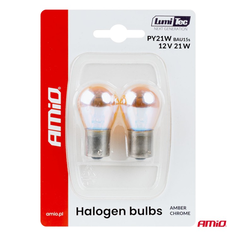 Amio – Λάμπες Αλογόνου PY21W BAU15s 12V 21W Πορτοκαλί/Χρώμιο Lumitec για Φλας & Καθαρή Σήμανση – Σετ 2 Τεμ. (04627/AM)