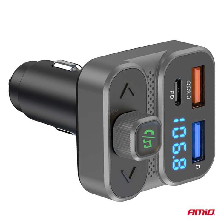 Amio - FM Transmitter Αναπτήρα τύπου FMT02 τάση λειτουργίας 12-24V με 2xUSB Type-A και 1xUSB Type-C για Επιβατικά Αυτοκίνητα και Φορτηγά - 1 τεμ. (04649/AM)