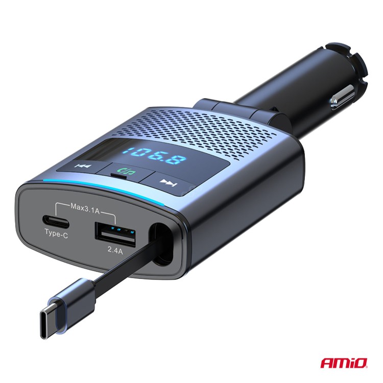 Amio - FM Transmitter Αυτοκινήτου 12/24V με 1xUSB Type-A, 1xUSB Type-C και Ενσωματωμένο Καλώδιο Φόρτισης Type-C - 1 τεμ. (04656/AM) Amio - FM Transmitter Αυτοκινήτου 12/24V με 1xUSB Type-A, 1xUSB Type-C και Ενσωματωμένο Καλώδιο Φόρτισης Type-C - 1 τεμ. (04656/AM)