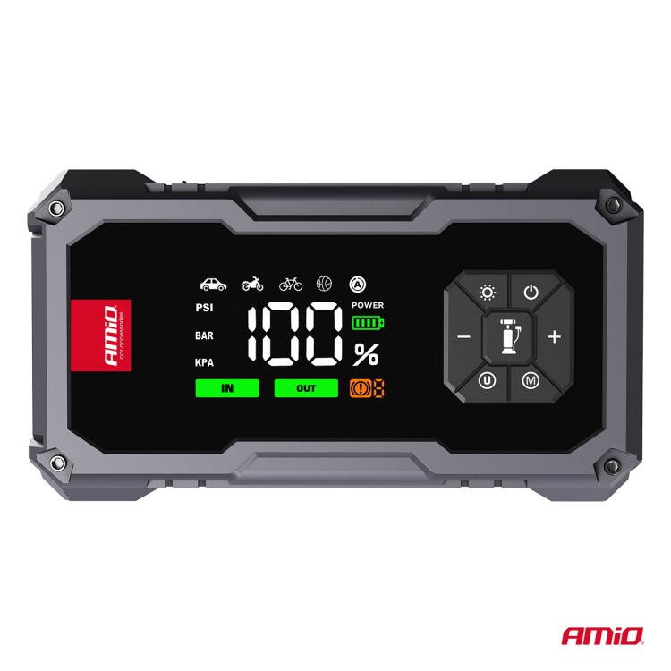 Amio - Φορητός Εκκινητής Μπαταρίας (Jump Starter) με ενσωματωμένο Κομπρεσέρ Αέρα, Powerbank και Φακό LED τάση λειτουργίας 12V με χωρητικότητα 7,2Ah και μέγιστο ρεύμα εκκίνησης 600A για Επιβατικά Αυτοκίνητα - 1 τεμ. (04674/AM) Amio - Φορητός Εκκινητής Μπαταρίας (Jump Starter) με ενσωματωμένο Κομπρεσέρ Αέρα, Powerbank και Φακό LED τάση λειτουργίας 12V με χωρητικότητα 7,2Ah και μέγιστο ρεύμα εκκίνησης 600A για Επιβατικά Αυτοκίνητα - 1 τεμ. (04674/AM)