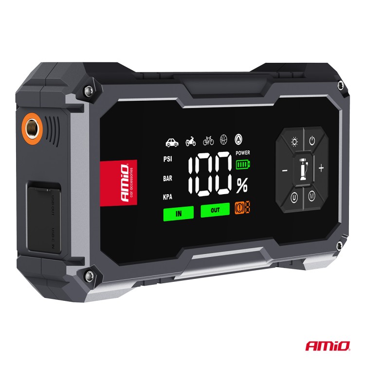 Amio - Φορητός Εκκινητής Μπαταρίας (Jump Starter) με ενσωματωμένο Κομπρεσέρ Αέρα, Powerbank και Φακό LED τάση λειτουργίας 12V με χωρητικότητα 7,2Ah και μέγιστο ρεύμα εκκίνησης 600A για Επιβατικά Αυτοκίνητα - 1 τεμ. (04674/AM) Amio - Φορητός Εκκινητής Μπαταρίας (Jump Starter) με ενσωματωμένο Κομπρεσέρ Αέρα, Powerbank και Φακό LED τάση λειτουργίας 12V με χωρητικότητα 7,2Ah και μέγιστο ρεύμα εκκίνησης 600A για Επιβατικά Αυτοκίνητα - 1 τεμ. (04674/AM)