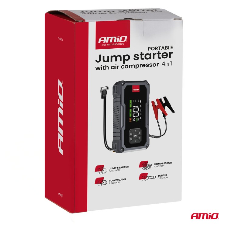 Amio - Φορητός Εκκινητής Μπαταρίας (Jump Starter) με ενσωματωμένο Κομπρεσέρ Αέρα, Powerbank και Φακό LED τάση λειτουργίας 12V με χωρητικότητα 7,2Ah και μέγιστο ρεύμα εκκίνησης 600A για Επιβατικά Αυτοκίνητα - 1 τεμ. (04674/AM) Amio - Φορητός Εκκινητής Μπαταρίας (Jump Starter) με ενσωματωμένο Κομπρεσέρ Αέρα, Powerbank και Φακό LED τάση λειτουργίας 12V με χωρητικότητα 7,2Ah και μέγιστο ρεύμα εκκίνησης 600A για Επιβατικά Αυτοκίνητα - 1 τεμ. (04674/AM)