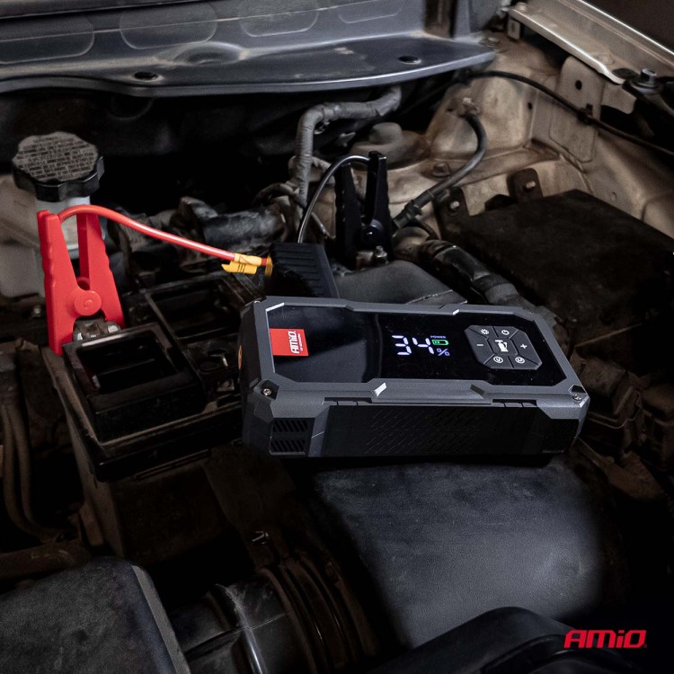 Amio - Φορητός Εκκινητής Μπαταρίας (Jump Starter) με ενσωματωμένο Κομπρεσέρ Αέρα, Powerbank και Φακό LED τάση λειτουργίας 12V με χωρητικότητα 7,2Ah και μέγιστο ρεύμα εκκίνησης 600A για Επιβατικά Αυτοκίνητα - 1 τεμ. (04674/AM) Amio - Φορητός Εκκινητής Μπαταρίας (Jump Starter) με ενσωματωμένο Κομπρεσέρ Αέρα, Powerbank και Φακό LED τάση λειτουργίας 12V με χωρητικότητα 7,2Ah και μέγιστο ρεύμα εκκίνησης 600A για Επιβατικά Αυτοκίνητα - 1 τεμ. (04674/AM)
