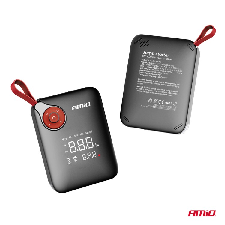 Amio - Φορητός Εκκινητής Μπαταρίας (Jump Starter) Mini με ενσωματωμένο Κομπρεσέρ Αέρα, Powerbank και Φακό LED τάση λειτουργίας 12V με χωρητικότητα 7,2Ah και μέγιστο ρεύμα εκκίνησης 600A για Επιβατικά Αυτοκίνητα - 1 τεμ. (04675/AM) Amio - Φορητός Εκκινητής Μπαταρίας (Jump Starter) Mini με ενσωματωμένο Κομπρεσέρ Αέρα, Powerbank και Φακό LED τάση λειτουργίας 12V με χωρητικότητα 7,2Ah και μέγιστο ρεύμα εκκίνησης 600A για Επιβατικά Αυτοκίνητα - 1 τεμ. (04675/AM)