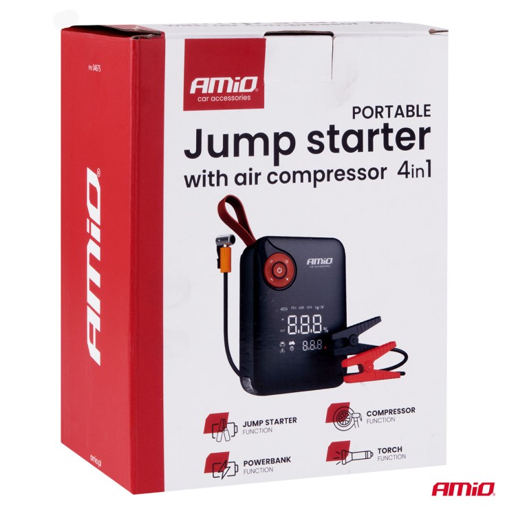 Amio - Φορητός Εκκινητής Μπαταρίας (Jump Starter) Mini με ενσωματωμένο Κομπρεσέρ Αέρα, Powerbank και Φακό LED τάση λειτουργίας 12V με χωρητικότητα 7,2Ah και μέγιστο ρεύμα εκκίνησης 600A για Επιβατικά Αυτοκίνητα - 1 τεμ. (04675/AM) Amio - Φορητός Εκκινητής Μπαταρίας (Jump Starter) Mini με ενσωματωμένο Κομπρεσέρ Αέρα, Powerbank και Φακό LED τάση λειτουργίας 12V με χωρητικότητα 7,2Ah και μέγιστο ρεύμα εκκίνησης 600A για Επιβατικά Αυτοκίνητα - 1 τεμ. (04675/AM)