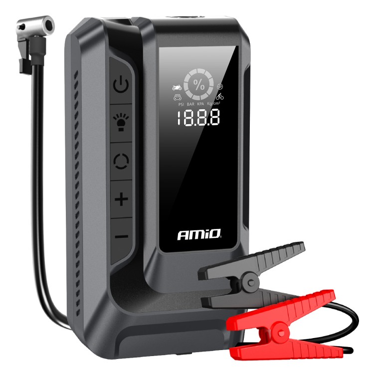 Amio - Φορητός Εκκινητής Μπαταρίας (Jump Starter) 4 σε 1 με ενσωματωμένο Κομπρεσέρ Αέρα, Powerbank και Φακό LED τάση λειτουργίας 12V με χωρητικότητα 12Ah και μέγιστο ρεύμα εκκίνησης 1600A για Επιβατικά Αυτοκίνητα - 1 τεμ. (04677/AM) Amio - Φορητός Εκκινητής Μπαταρίας (Jump Starter) 4 σε 1 με ενσωματωμένο Κομπρεσέρ Αέρα, Powerbank και Φακό LED τάση λειτουργίας 12V με χωρητικότητα 12Ah και μέγιστο ρεύμα εκκίνησης 1600A για Επιβατικά Αυτοκίνητα - 1 τεμ. (04677/AM)