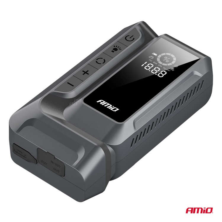 Amio - Φορητός Εκκινητής Μπαταρίας (Jump Starter) 4 σε 1 με ενσωματωμένο Κομπρεσέρ Αέρα, Powerbank και Φακό LED τάση λειτουργίας 12V με χωρητικότητα 12Ah και μέγιστο ρεύμα εκκίνησης 1600A για Επιβατικά Αυτοκίνητα - 1 τεμ. (04677/AM) Amio - Φορητός Εκκινητής Μπαταρίας (Jump Starter) 4 σε 1 με ενσωματωμένο Κομπρεσέρ Αέρα, Powerbank και Φακό LED τάση λειτουργίας 12V με χωρητικότητα 12Ah και μέγιστο ρεύμα εκκίνησης 1600A για Επιβατικά Αυτοκίνητα - 1 τεμ. (04677/AM)