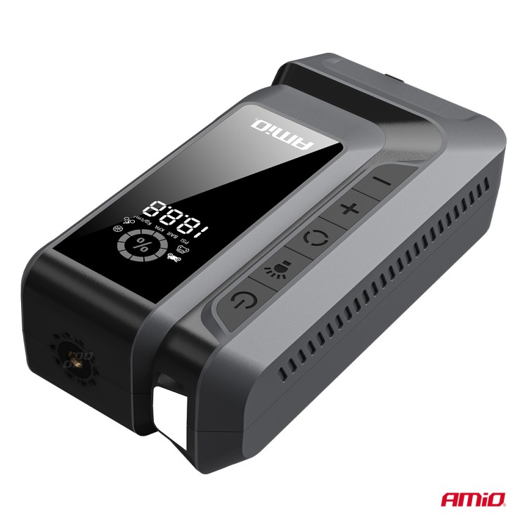Amio - Φορητός Εκκινητής Μπαταρίας (Jump Starter) 4 σε 1 με ενσωματωμένο Κομπρεσέρ Αέρα, Powerbank και Φακό LED τάση λειτουργίας 12V με χωρητικότητα 12Ah και μέγιστο ρεύμα εκκίνησης 1600A για Επιβατικά Αυτοκίνητα - 1 τεμ. (04677/AM) Amio - Φορητός Εκκινητής Μπαταρίας (Jump Starter) 4 σε 1 με ενσωματωμένο Κομπρεσέρ Αέρα, Powerbank και Φακό LED τάση λειτουργίας 12V με χωρητικότητα 12Ah και μέγιστο ρεύμα εκκίνησης 1600A για Επιβατικά Αυτοκίνητα - 1 τεμ. (04677/AM)