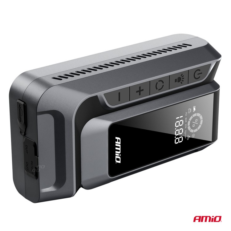 Amio - Φορητός Εκκινητής Μπαταρίας (Jump Starter) 4 σε 1 με ενσωματωμένο Κομπρεσέρ Αέρα, Powerbank και Φακό LED τάση λειτουργίας 12V με χωρητικότητα 12Ah και μέγιστο ρεύμα εκκίνησης 1600A για Επιβατικά Αυτοκίνητα - 1 τεμ. (04677/AM) Amio - Φορητός Εκκινητής Μπαταρίας (Jump Starter) 4 σε 1 με ενσωματωμένο Κομπρεσέρ Αέρα, Powerbank και Φακό LED τάση λειτουργίας 12V με χωρητικότητα 12Ah και μέγιστο ρεύμα εκκίνησης 1600A για Επιβατικά Αυτοκίνητα - 1 τεμ. (04677/AM)