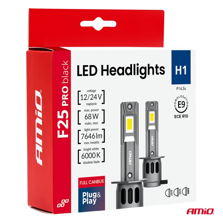 Amio - Λαμπτήρες LED F25 PRO Black Edition H1 68W 12-24V Full CAN Bus με Φωτεινότητα 7646lm σε Ψυχρό Λευκό 6000K για Επιβατικά Αυτοκίνητα & Φορτηγά - Σετ 2 τεμ. (04717/AM) Amio - Λαμπτήρες LED F25 PRO Black Edition H1 68W 12-24V Full CAN Bus με Φωτεινότητα 7646lm σε Ψυχρό Λευκό 6000K για Επιβατικά Αυτοκίνητα & Φορτηγά - Σετ 2 τεμ. (04717/AM)