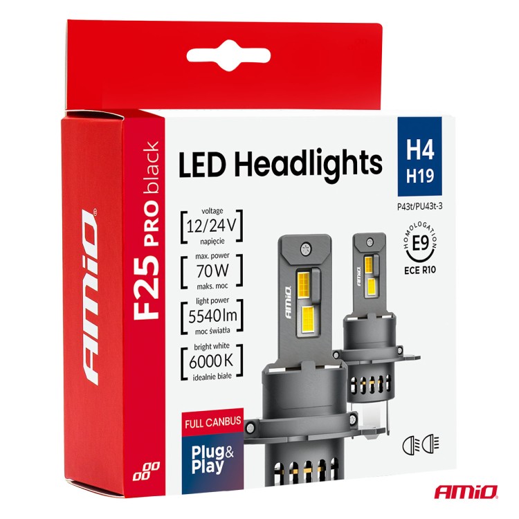 Amio - Λαμπτήρες LED F25 PRO Black Edition H4/H19 70W 12-24V Full CAN Bus με Φωτεινότητα 8000lm σε Ψυχρό Λευκό 6000K για Επιβατικά Αυτοκίνητα & Φορτηγά - Σετ 2 τεμ. (04719/AM) Amio - Λαμπτήρες LED F25 PRO Black Edition H4/H19 70W 12-24V Full CAN Bus με Φωτεινότητα 8000lm σε Ψυχρό Λευκό 6000K για Επιβατικά Αυτοκίνητα & Φορτηγά - Σετ 2 τεμ. (04719/AM)