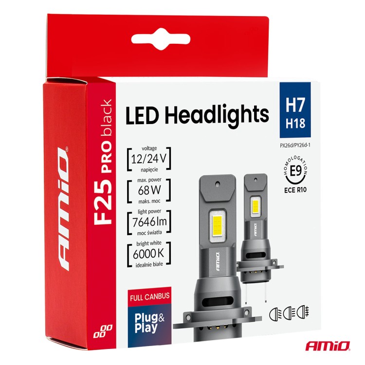 Amio - Λαμπτήρες LED F25 PRO Black Edition H7 68W 12-24V Full CAN Bus με Φωτεινότητα 7646lm σε Ψυχρό Λευκό 6000K για Επιβατικά Αυτοκίνητα & Φορτηγά - Σετ 2 τεμ. (04720/AM) Amio - Λαμπτήρες LED F25 PRO Black Edition H7 68W 12-24V Full CAN Bus με Φωτεινότητα 7646lm σε Ψυχρό Λευκό 6000K για Επιβατικά Αυτοκίνητα & Φορτηγά - Σετ 2 τεμ. (04720/AM)