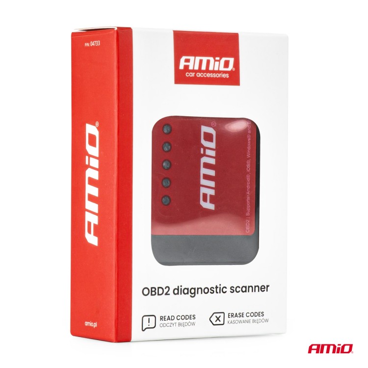 Amio - Διαγνωστικό Αυτοκινήτου OBD 2 τύπου ELM327 Bluetooth XL τάση λειτουργίας 12V με ασύρματη σύνδεση για Επιβατικά Αυτοκίνητα - 1 τεμ. (04733/AM)
