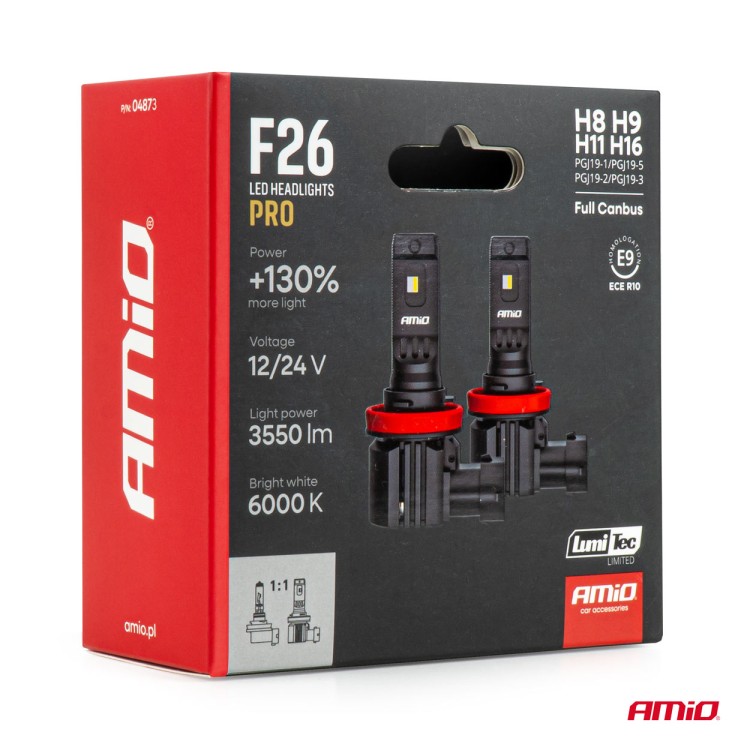 AMiO - Λάμπες LED F26 Pro Series H8/H9/H11/H16 12/24V 68W 2900-3550lm 6.000K Full Can-Bus Plug&Play - 2 Τεμ. (04873/AM)