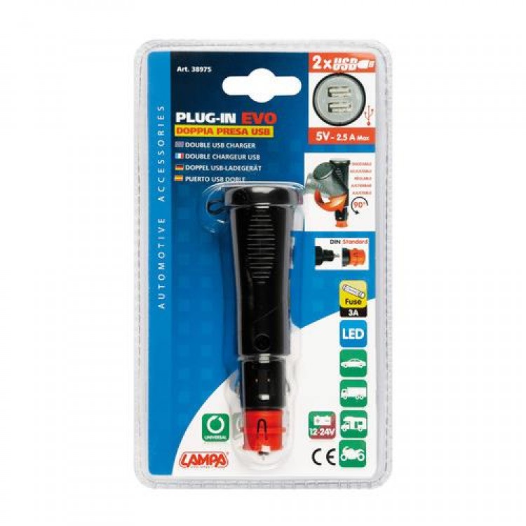 Φορτιστής Αναπτήρα με διπλό USB PLUG-IN EVO 90 μοίρες 12/24V 2,5A Φορτιστής Αναπτήρα με διπλό USB PLUG-IN EVO 90 μοίρες 12/24V 2,5A