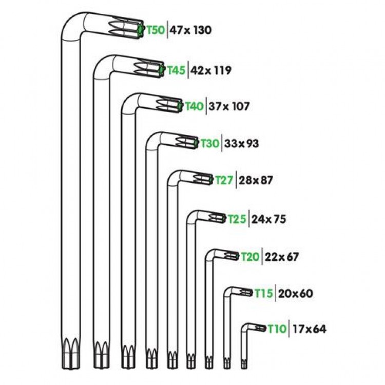 TORX ΚΛΕΙΔΙΑ 9 ΤΕΜΑΧΙΩΝ (T10/15/20/25/27/30/40/45/50)  ΧΡΩΜΙΟ-ΒΑΝΑΔΙΟ (CRV)