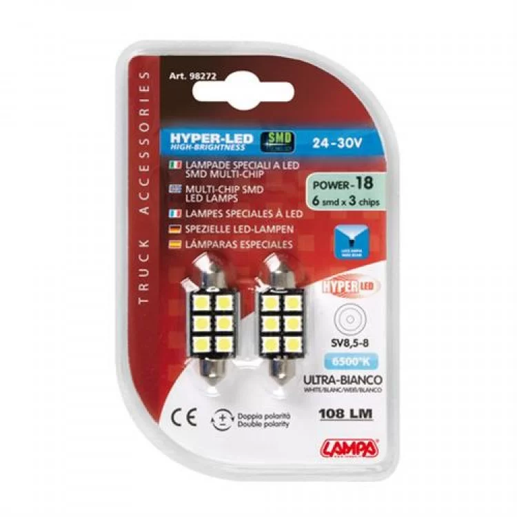 Λαμπάκια Πλαφονιέρας 24-30V SV8,5-8 15x39mm 108lm HYPER-LED18 (Διπλής Πολικότητας) BLISTER 2τεμ Λαμπάκια Πλαφονιέρας 24-30V SV8,5-8 15x39mm 108lm HYPER-LED18 (Διπλής Πολικότητας) BLISTER 2τεμ