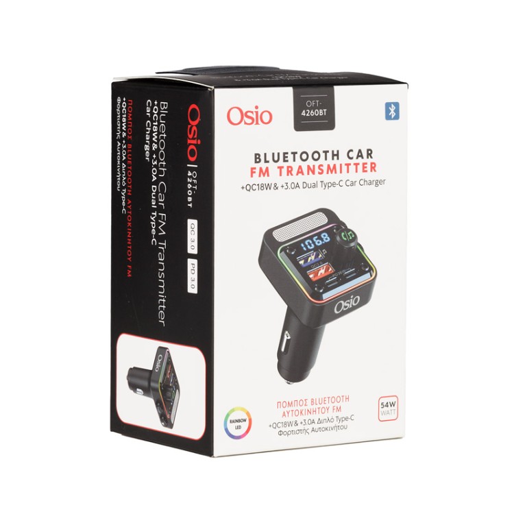 FM TRANSMITTER ΑΝΑΠΤΗΡΑ 12V ΜΕ BLUETOOTH OFT-4260BT ΦΟΡΤΙΣΤΗ USB TYPE-A + USB TYPE-C OSIO FM TRANSMITTER ΑΝΑΠΤΗΡΑ 12V ΜΕ BLUETOOTH OFT-4260BT ΦΟΡΤΙΣΤΗ USB TYPE-A + USB TYPE-C OSIO
