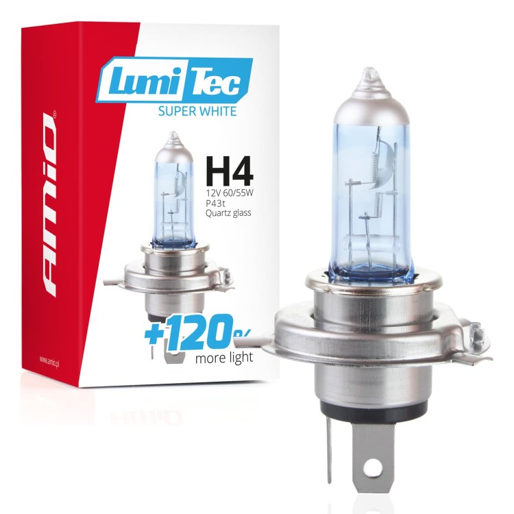 Amio - Λάμπα H4 βάση P43t τάση λειτουργίας 12V απόδοσης 60/55W τύπου Lumitec Superwhite +120% για Επιβατικά Αυτοκίνητα - 1 τεμ. (02137/AM)
