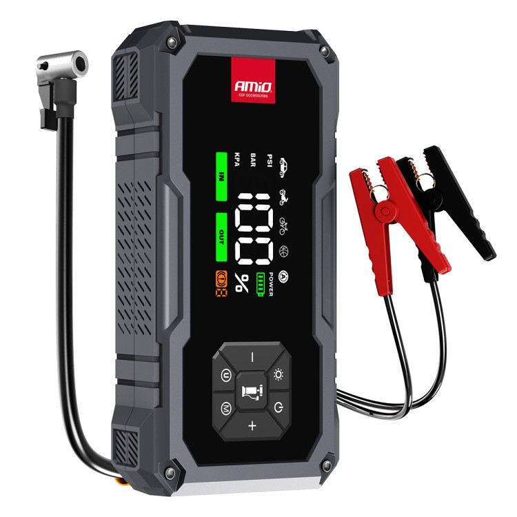 Amio - Φορητός Εκκινητής Μπαταρίας (Jump Starter) με ενσωματωμένο Κομπρεσέρ Αέρα, Powerbank και Φακό LED τάση λειτουργίας 12V με χωρητικότητα 7,2Ah και μέγιστο ρεύμα εκκίνησης 600A για Επιβατικά Αυτοκίνητα - 1 τεμ. (04674/AM) Amio - Φορητός Εκκινητής Μπαταρίας (Jump Starter) με ενσωματωμένο Κομπρεσέρ Αέρα, Powerbank και Φακό LED τάση λειτουργίας 12V με χωρητικότητα 7,2Ah και μέγιστο ρεύμα εκκίνησης 600A για Επιβατικά Αυτοκίνητα - 1 τεμ. (04674/AM)