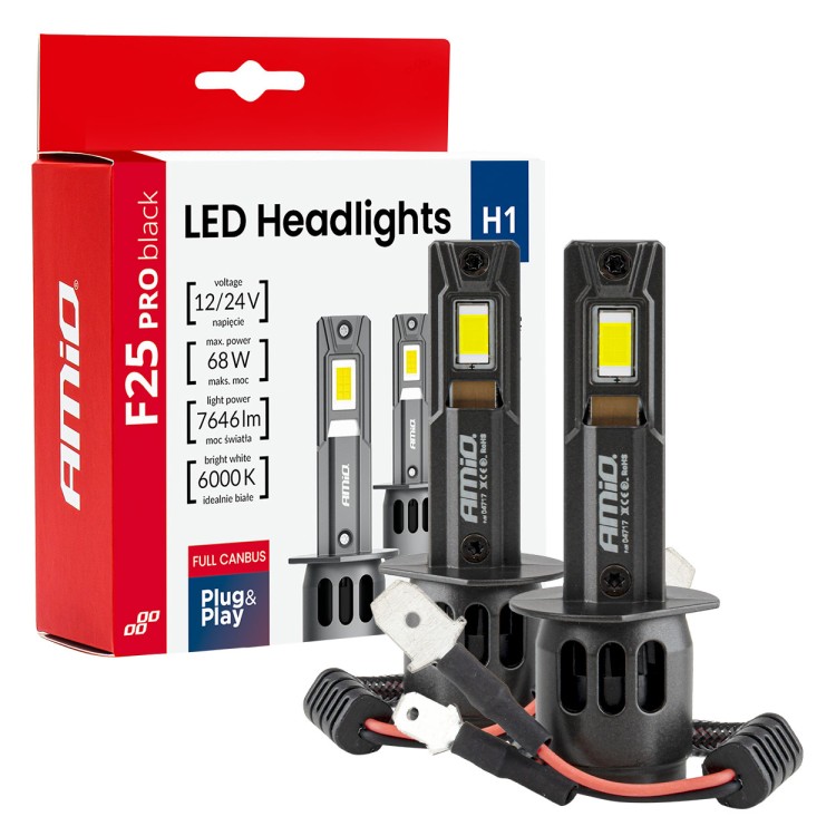 Amio - Λαμπτήρες LED F25 PRO Black Edition H1 68W 12-24V Full CAN Bus με Φωτεινότητα 7646lm σε Ψυχρό Λευκό 6000K για Επιβατικά Αυτοκίνητα & Φορτηγά - Σετ 2 τεμ. (04717/AM) Amio - Λαμπτήρες LED F25 PRO Black Edition H1 68W 12-24V Full CAN Bus με Φωτεινότητα 7646lm σε Ψυχρό Λευκό 6000K για Επιβατικά Αυτοκίνητα & Φορτηγά - Σετ 2 τεμ. (04717/AM)