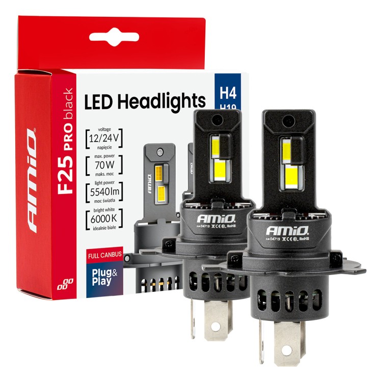 Amio - Λαμπτήρες LED F25 PRO Black Edition H4/H19 70W 12-24V Full CAN Bus με Φωτεινότητα 8000lm σε Ψυχρό Λευκό 6000K για Επιβατικά Αυτοκίνητα & Φορτηγά - Σετ 2 τεμ. (04719/AM) Amio - Λαμπτήρες LED F25 PRO Black Edition H4/H19 70W 12-24V Full CAN Bus με Φωτεινότητα 8000lm σε Ψυχρό Λευκό 6000K για Επιβατικά Αυτοκίνητα & Φορτηγά - Σετ 2 τεμ. (04719/AM)