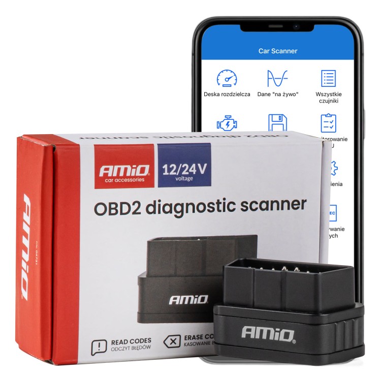 Amio - Διαγνωστικό Αυτοκινήτου OBD 2 τύπου ELM327 Bluetooth PIC25K80 τάση λειτουργίας 12V με ασύρματη σύνδεση για Επιβατικά Αυτοκίνητα - 1 τεμ. (04731/AM)