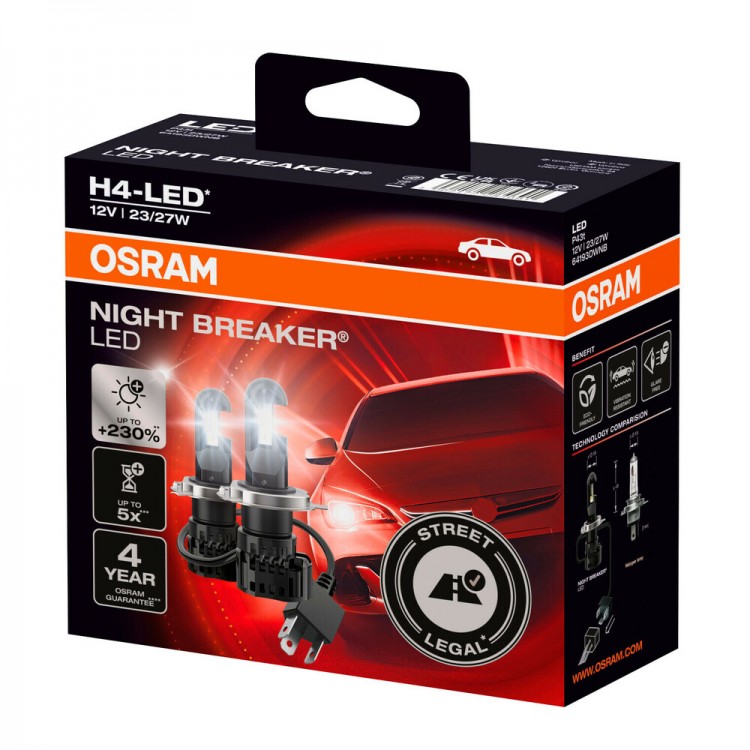 ΛΑΜΠΕΣ LED H4 12V 27/23W P43t 6.000K 1650/1000lm NIGHT BREAKER LED OSRAM LAMPA - 2 TEM. ΛΑΜΠΕΣ LED H4 12V 27/23W P43t 6.000K 1650/1000lm NIGHT BREAKER LED OSRAM LAMPA - 2 TEM.