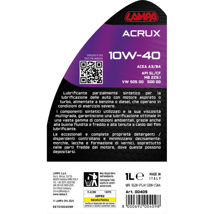 ΛΑΔΙ ΚΙΝΗΤΗΡΑ 10W-40 ACRUX ΗΜΙΣΥΝΘΕΤΙΚΟ GENERAL USE 1L LAMPA - 1 ΤΕΜ.