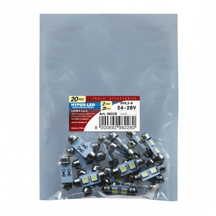 ΛΑΜΠΑΚΙ ΠΛΑΦΟΝΙΕΡΑΣ 24V 9x31mm 15lm HYPER-LED6 ΛΕΥΚΟ 2SMDx3chips (ΔΙΠΛΗΣ ΠΟΛΙΚΟΤΗΤΑΣ) LAMPA - ΣΑΚΟΥΛΑ 20 ΤΕΜ.